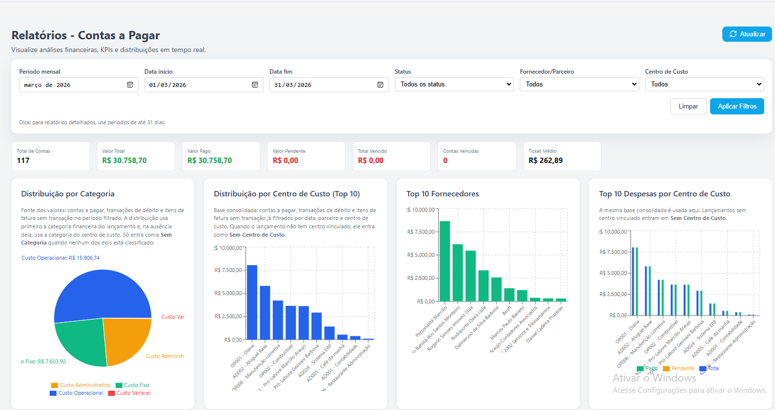 Tela do relatório de contas a pagar do Basicolog ERP